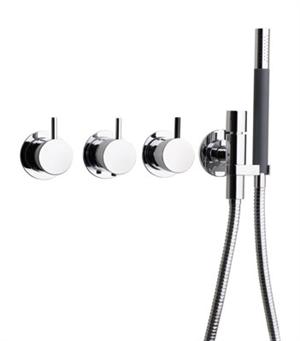 Vola 5471R  brusebatteri med termostat, håndbruser og omskifter  i krom